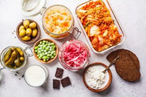 Probiotics food concept. Kimchi, beet sauerkraut, sauerkraut